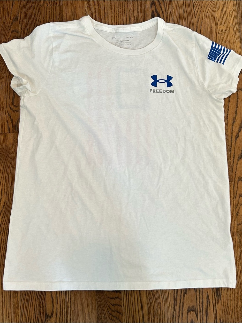 LG White Short-Sleeve Tee with Blue Logo and Flag
